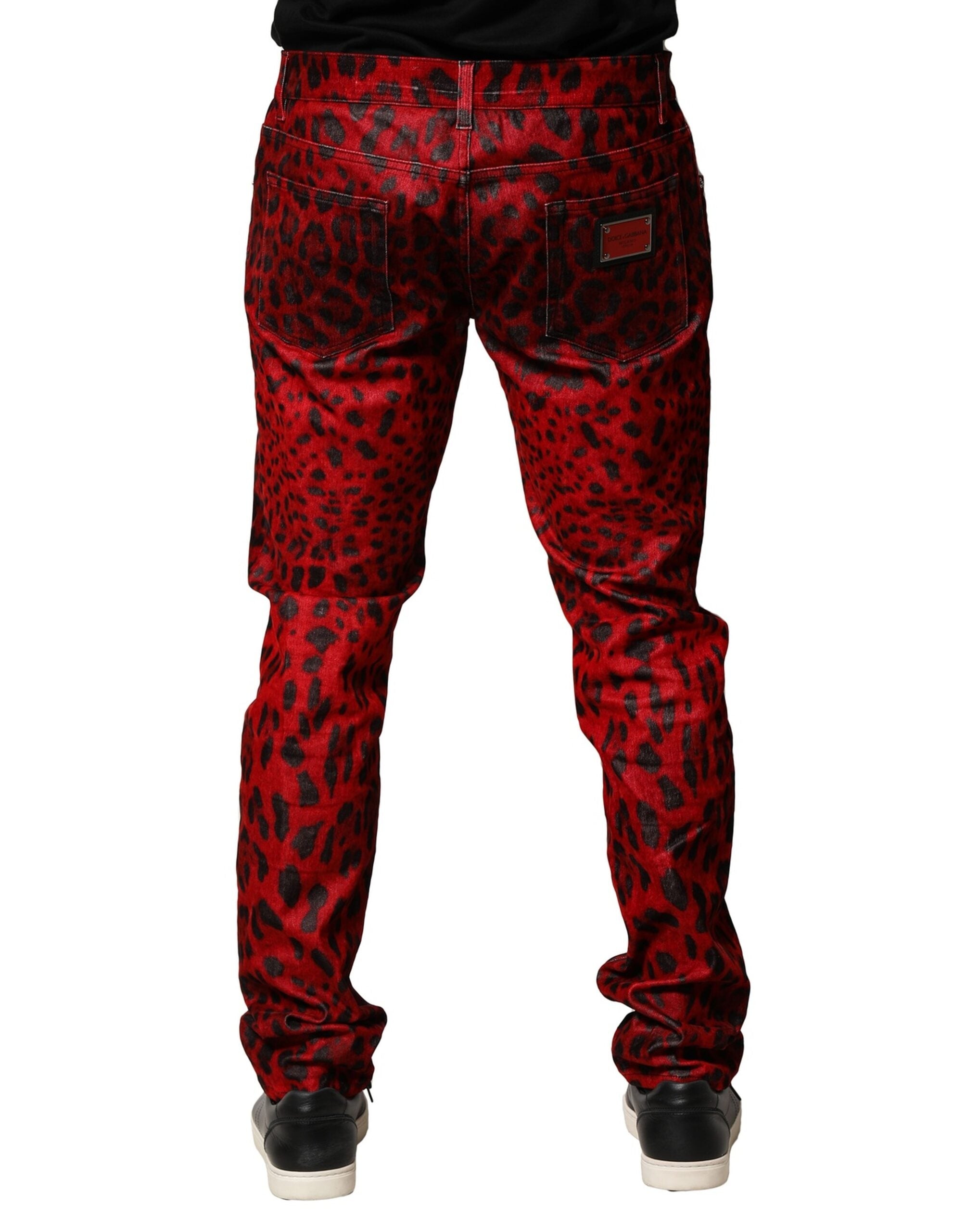 Dolce & Gabbana Rote Skinny Denim Jeans mit Leopardenmuster aus Baumwolle