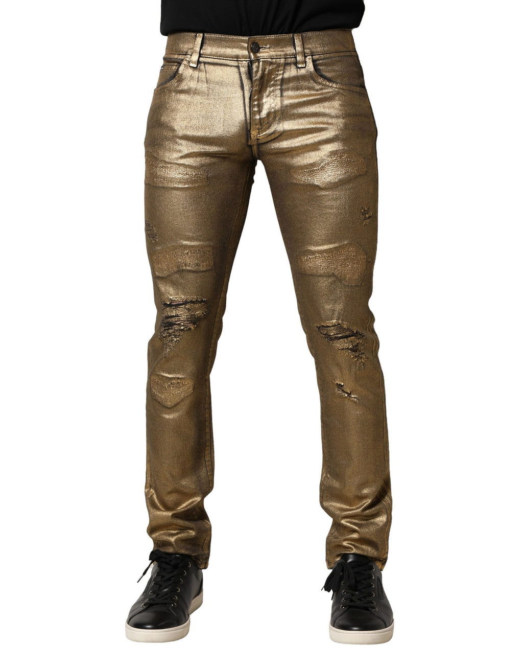 Dolce & Gabbana Goldfarbene zerfetzte Baumwoll-Stretch-Denim-Jeans