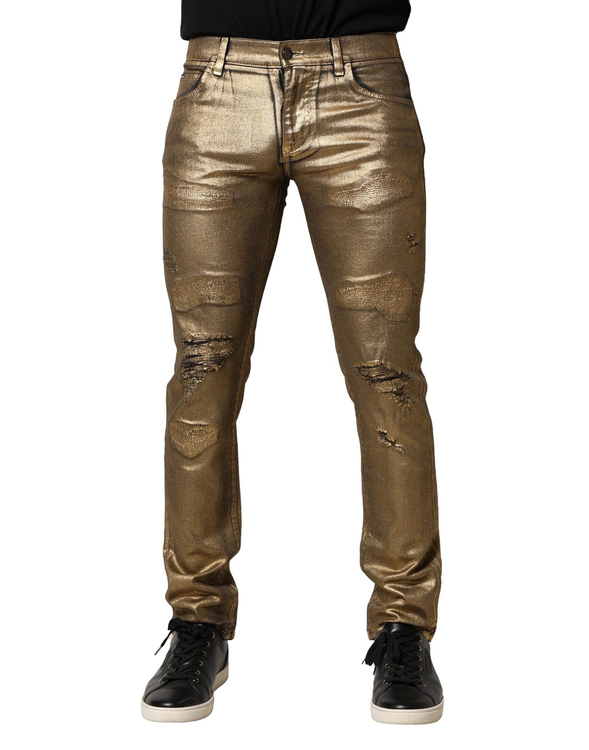 Dolce & Gabbana Goldfarbene zerfetzte Baumwoll-Stretch-Denim-Jeans
