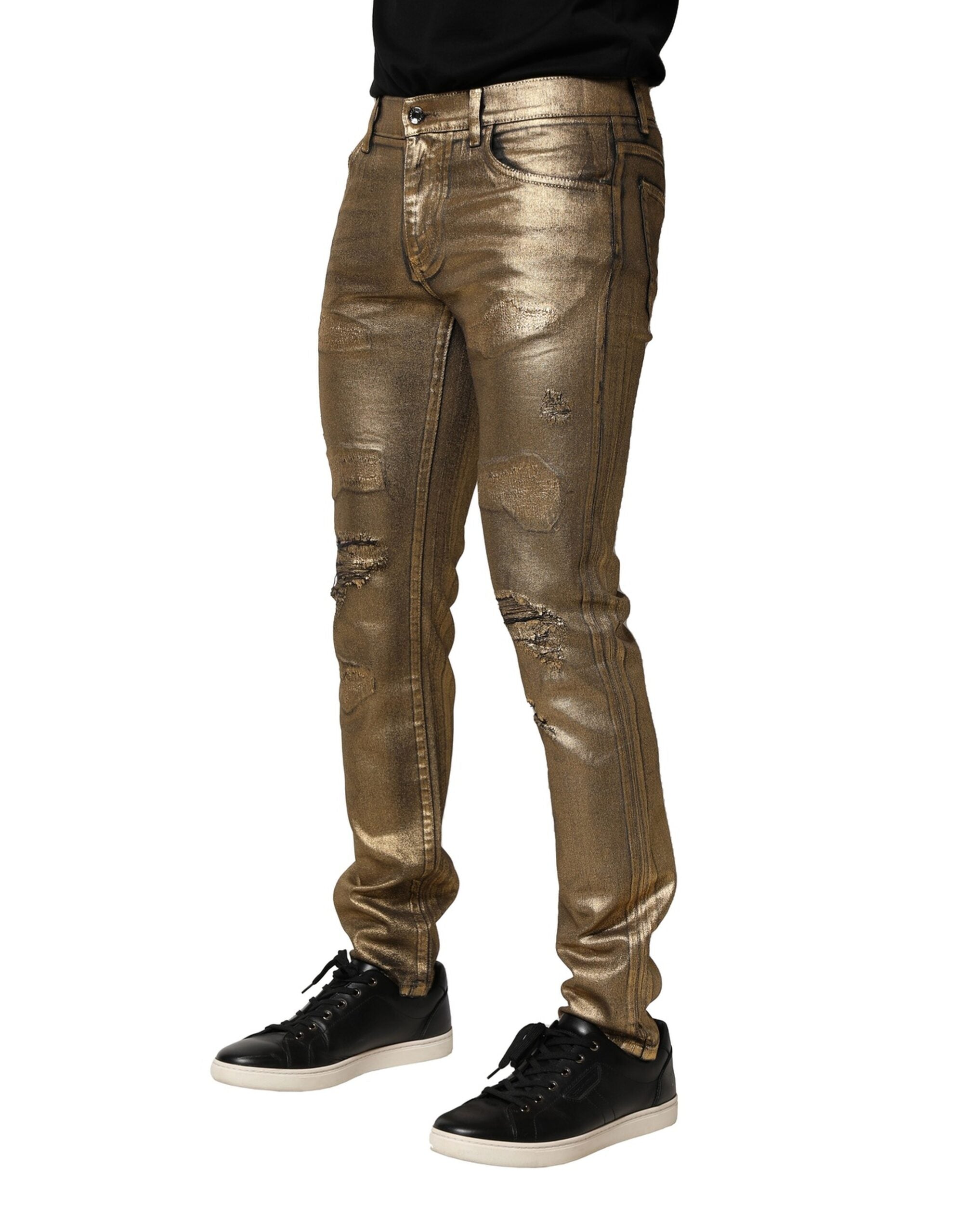 Dolce & Gabbana Goldfarbene zerfetzte Baumwoll-Stretch-Denim-Jeans
