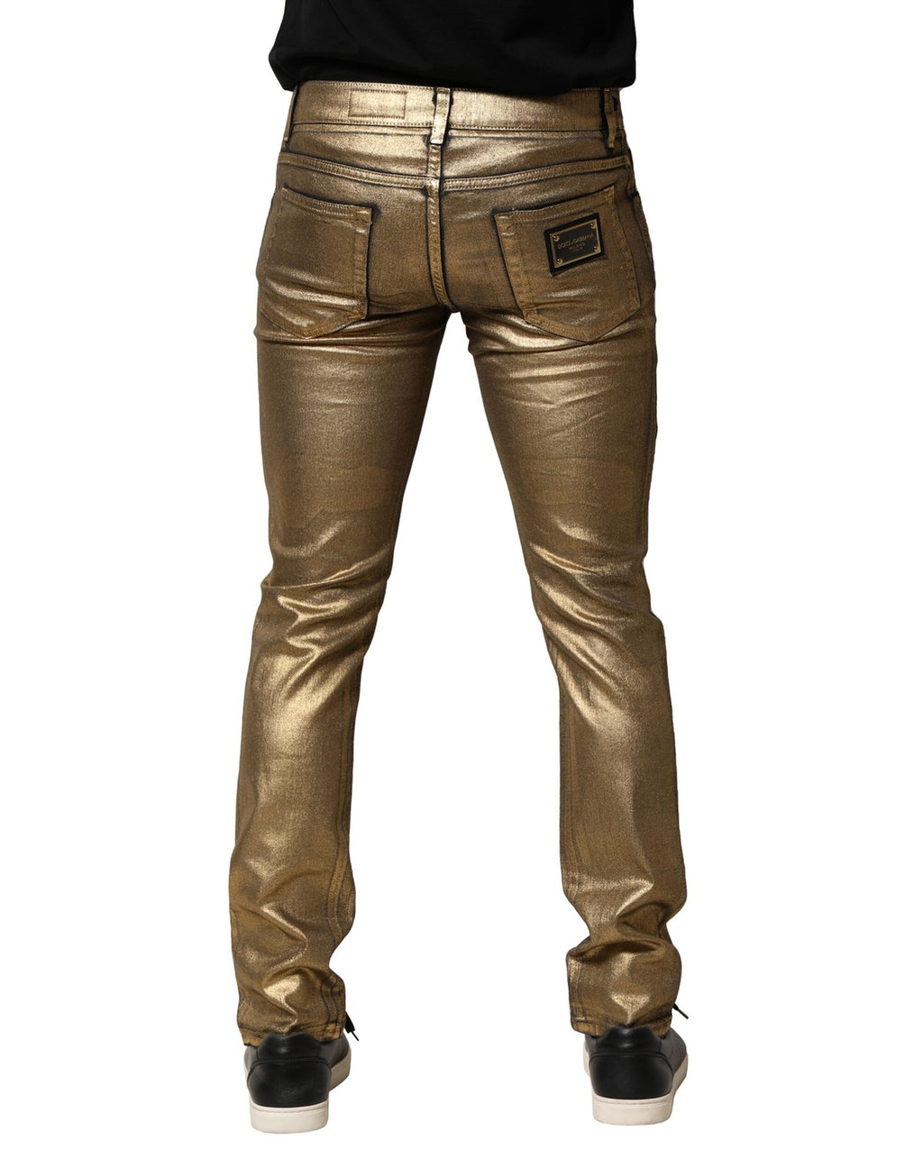 Dolce & Gabbana Goldfarbene zerfetzte Baumwoll-Stretch-Denim-Jeans