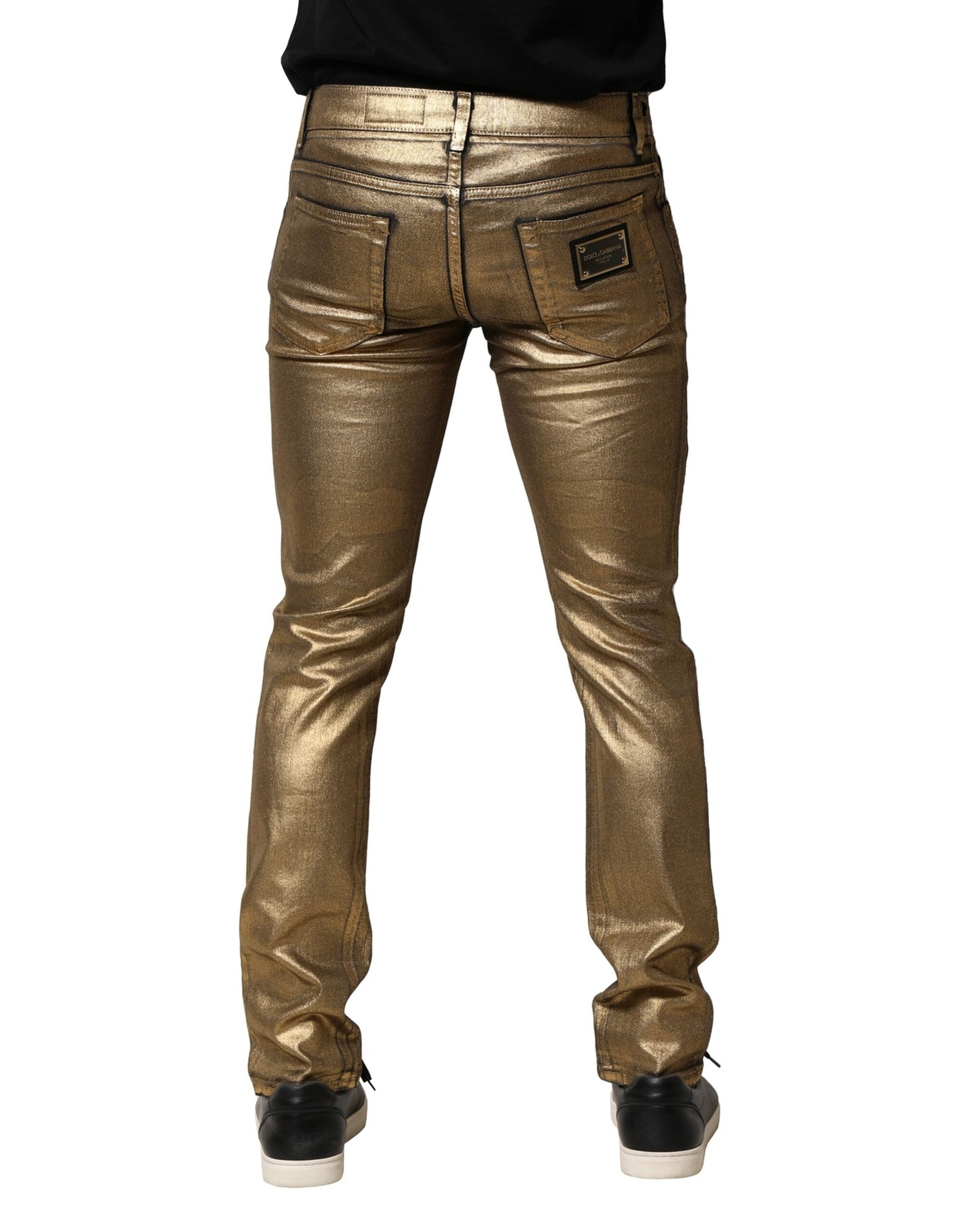 Dolce & Gabbana Goldfarbene zerfetzte Baumwoll-Stretch-Denim-Jeans