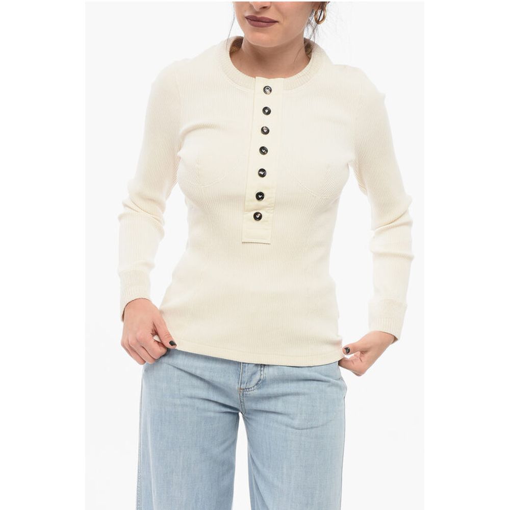 Bottega Veneta Gerippter Baumwollpullover mit Rundhalsausschnitt und Knöpfen
