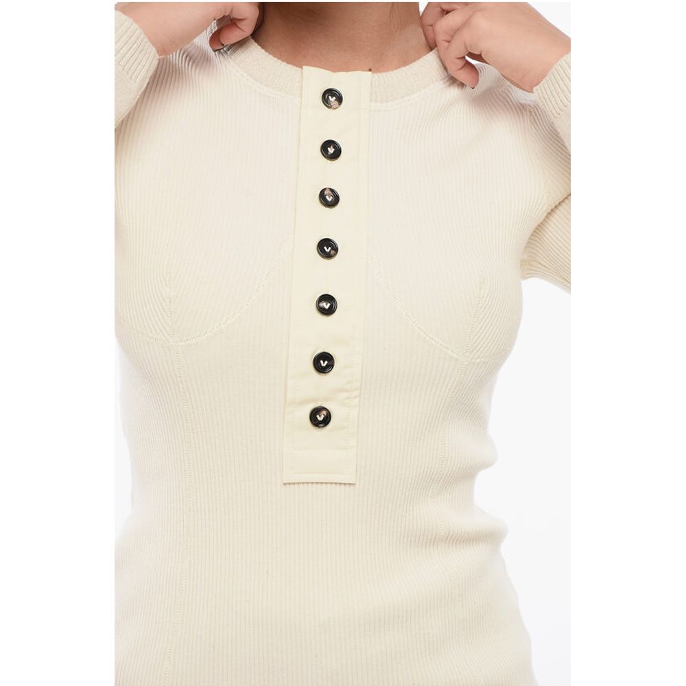 Bottega Veneta Gerippter Baumwollpullover mit Rundhalsausschnitt und Knöpfen