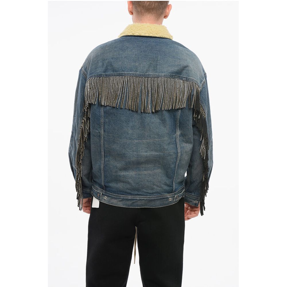 Celine Mit Shearling gefütterte Jeansjacke mit strassbesetzten Fransen