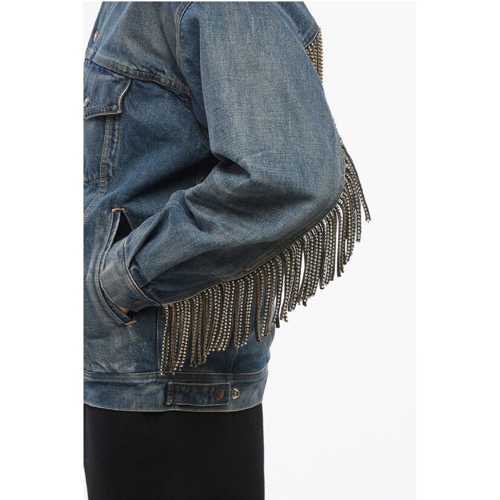 Celine Mit Shearling gefütterte Jeansjacke mit strassbesetzten Fransen