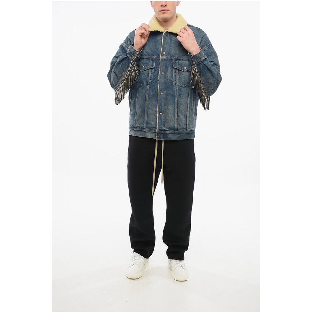 Celine Mit Shearling gefütterte Jeansjacke mit strassbesetzten Fransen