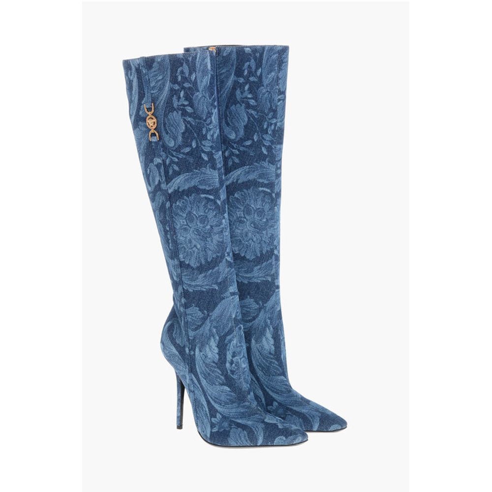 Versace Denim LA GRECA Unter dem Knie Stiefel mit Stilettoabsatz 11cm
