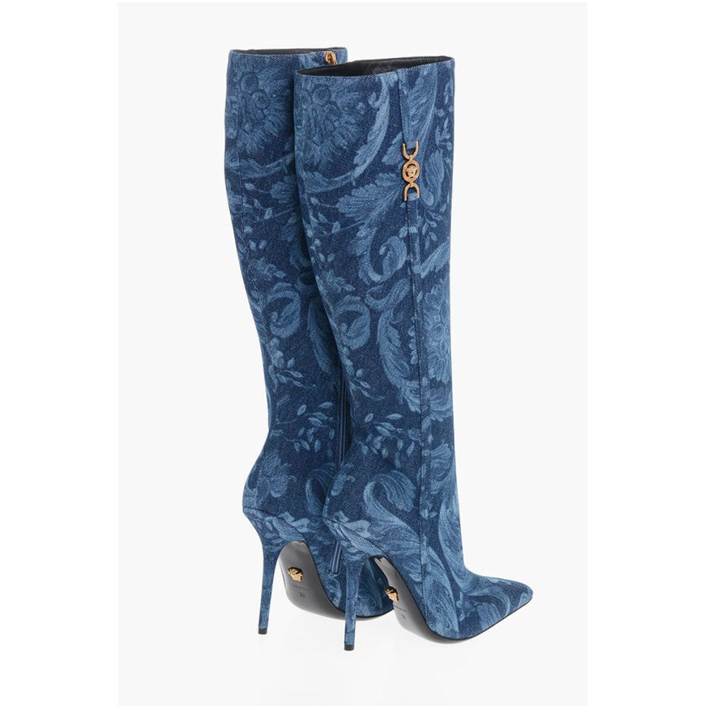 Versace Denim LA GRECA Unter dem Knie Stiefel mit Stilettoabsatz 11cm