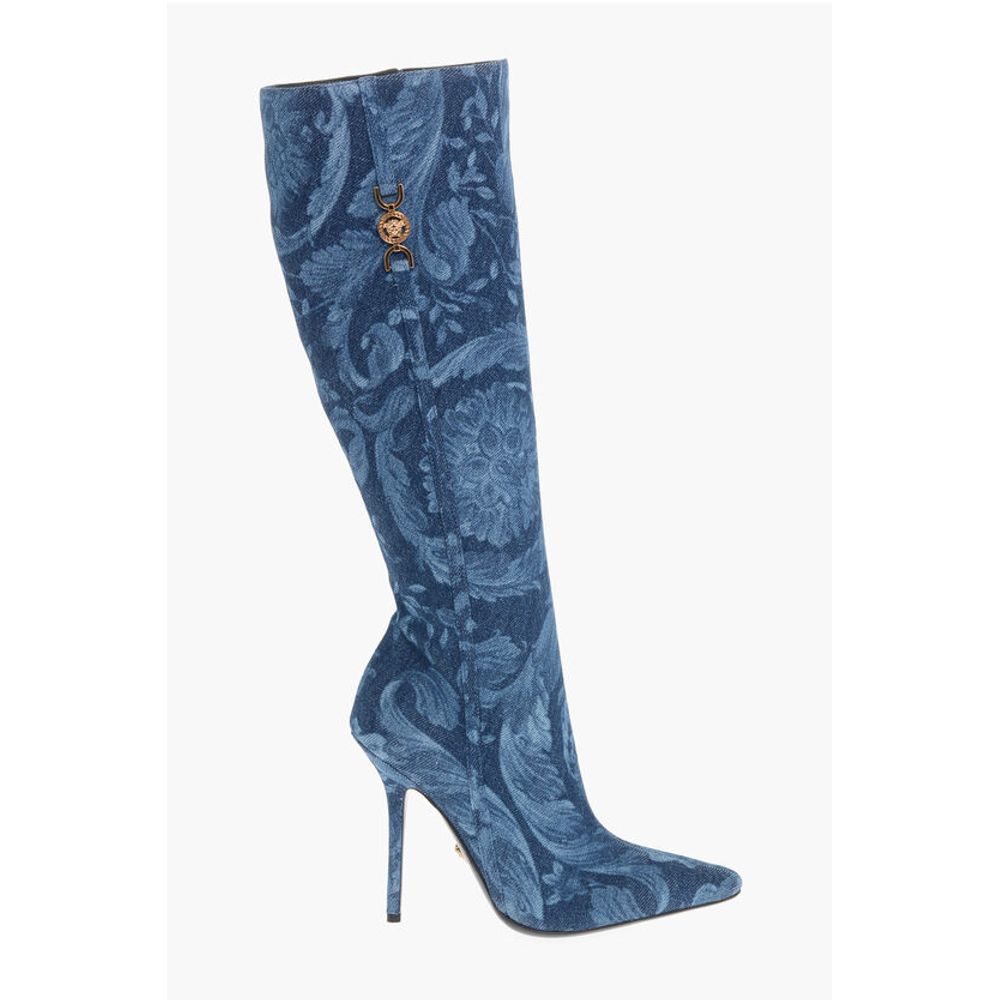 Versace Denim LA GRECA Unter dem Knie Stiefel mit Stilettoabsatz 11cm