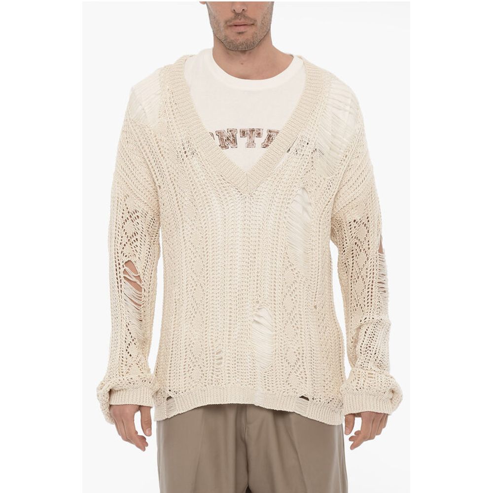Perforierter Pullover mit V-Ausschnitt und Distressed-Effekt