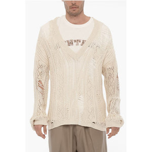 Perforierter Pullover mit V-Ausschnitt und Distressed-Effekt