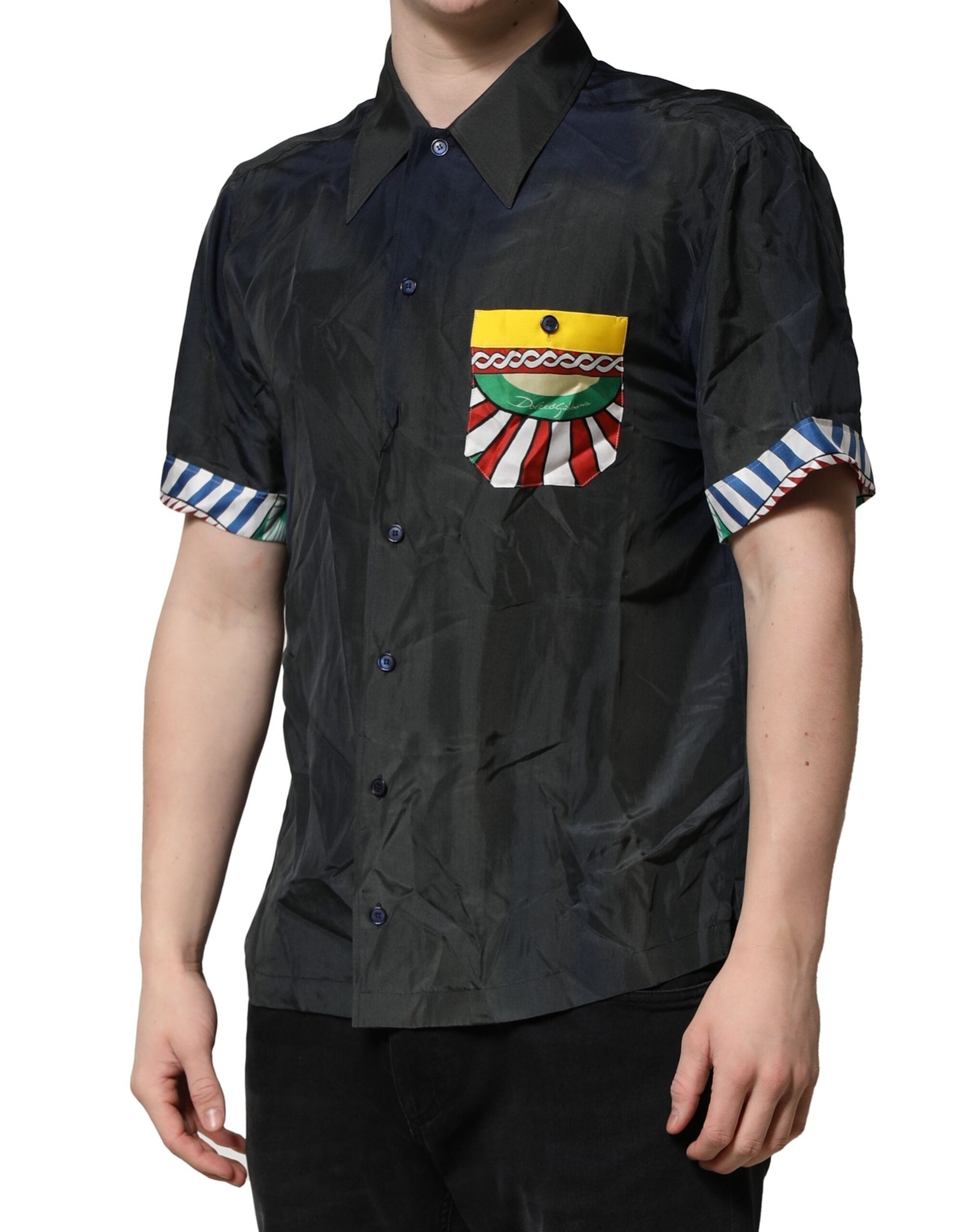 Dolce & Gabbana Schwarz Seide Kurze Ärmel Männer Casual Shirt