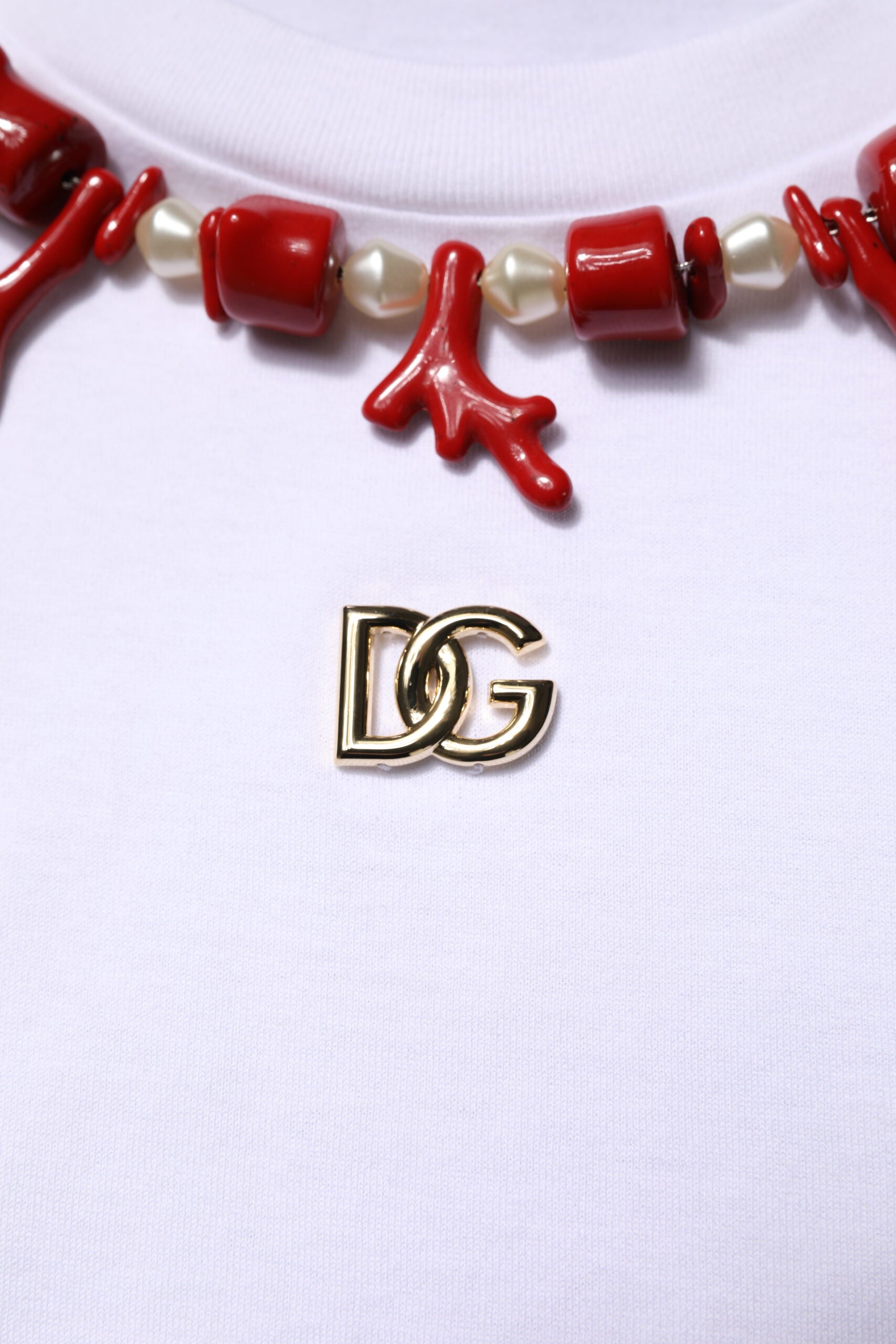 Dolce & Gabbana Weißes T-Shirt mit Rundhalsausschnitt aus Baumwolle mit Verzierungen