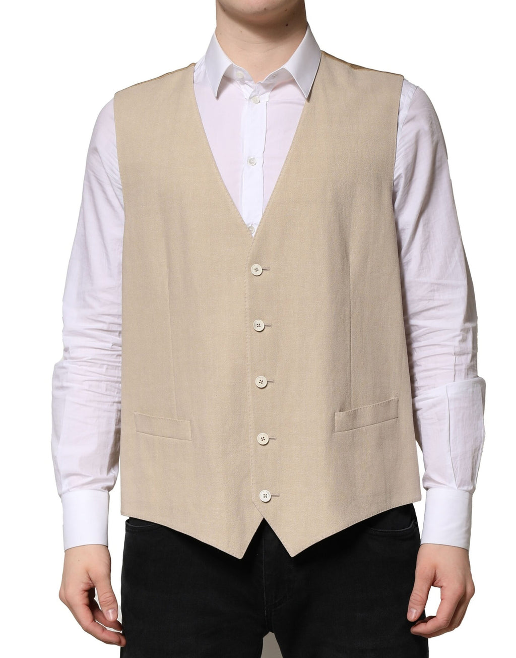 Dolce & Gabbana Beige Leinen Kleid Formal Männer Weste Weste