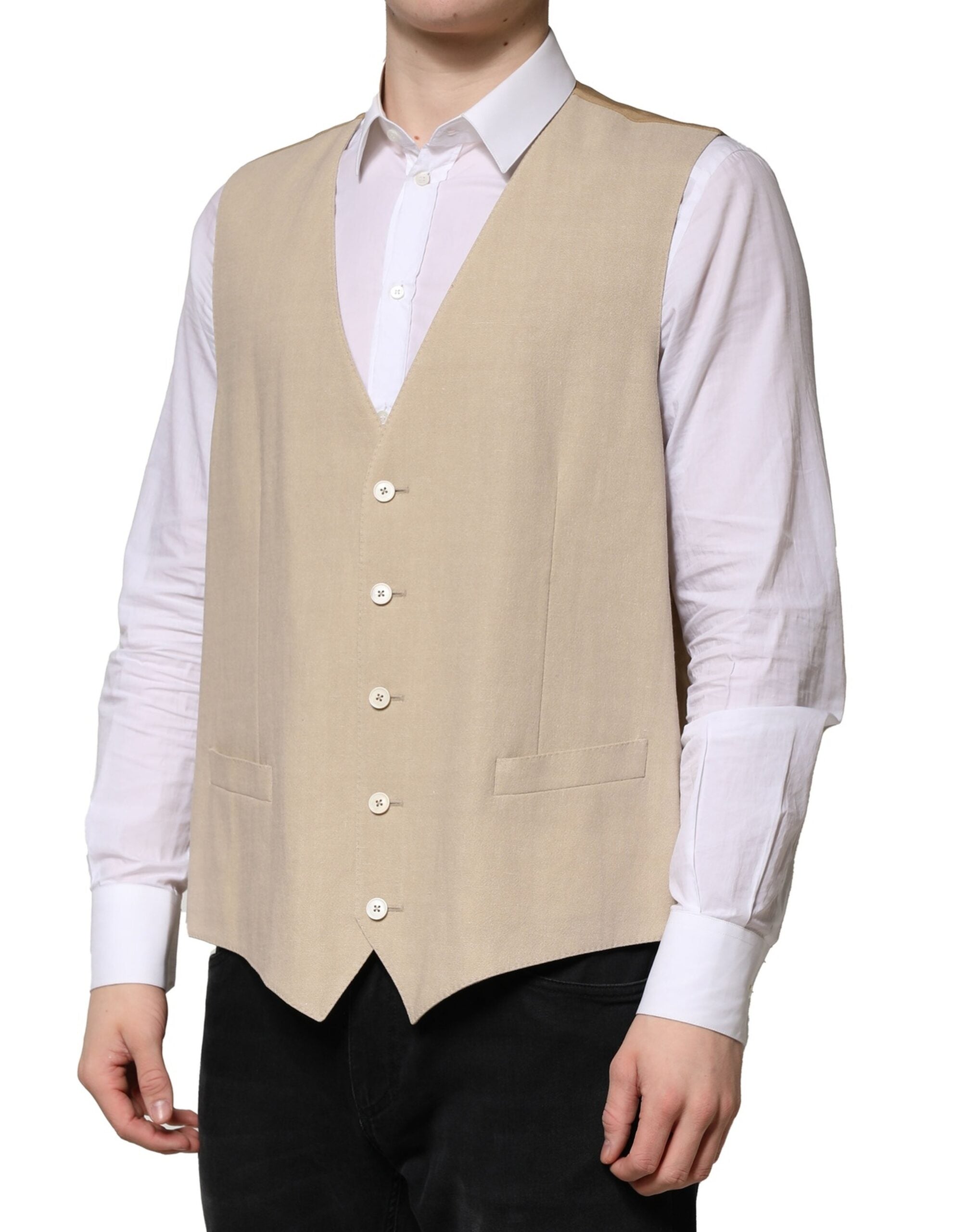 Dolce & Gabbana Beige Leinen Kleid Formal Männer Weste Weste