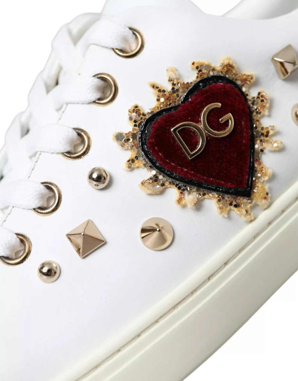 Dolce & Gabbana Weiße Leder Gold Rot Herz Sneakers Schuhe