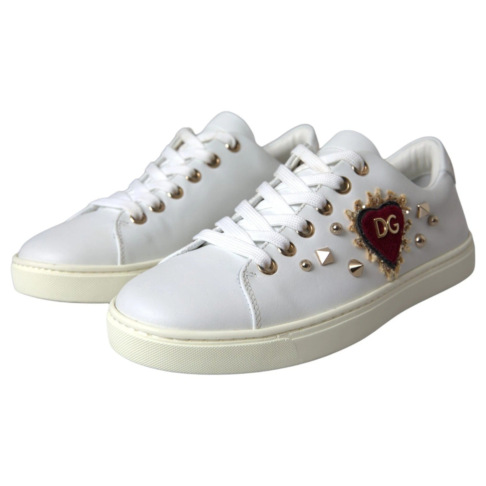 Dolce & Gabbana Weiße Leder Gold Rot Herz Sneakers Schuhe