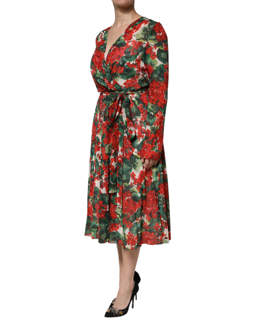 Dolce & Gabbana Multicolor Floral Langärmeliges Kleid mit V-Ausschnitt