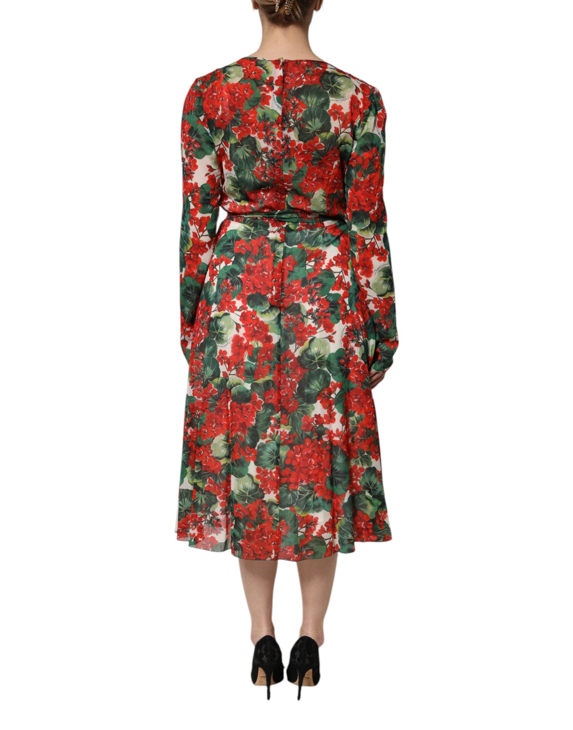Dolce & Gabbana Multicolor Floral Langärmeliges Kleid mit V-Ausschnitt