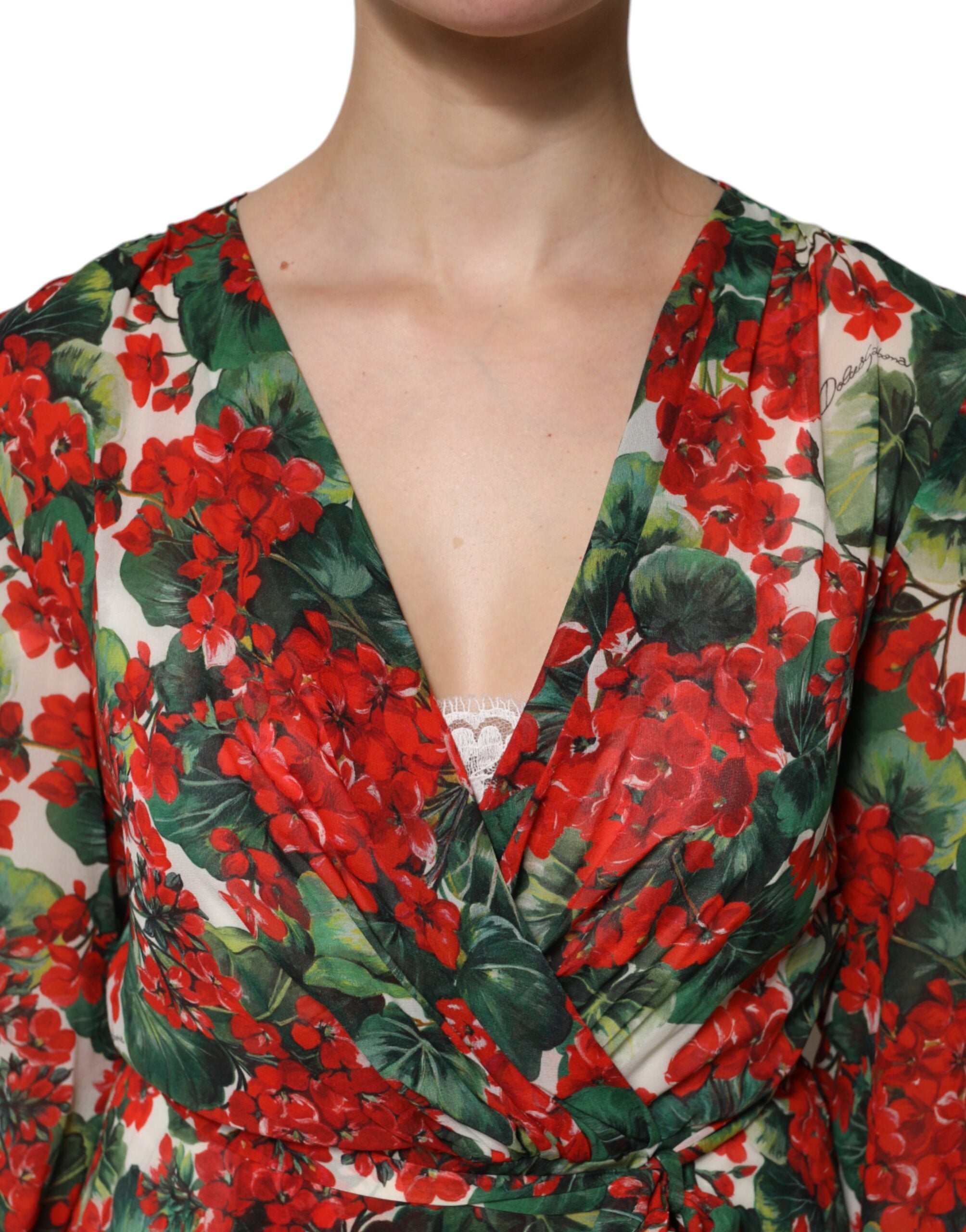 Dolce & Gabbana Multicolor Floral Langärmeliges Kleid mit V-Ausschnitt