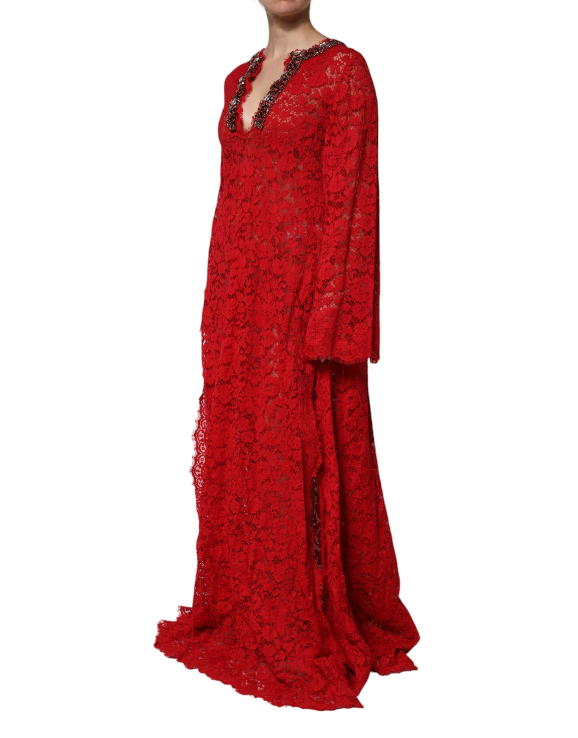 Dolce & Gabbana Rotes Kleid mit floraler Spitze und Strassverzierung