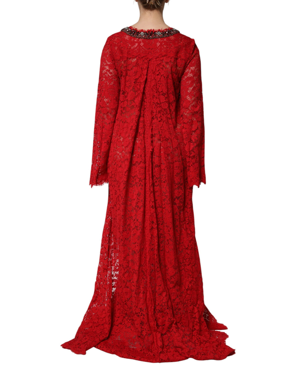 Dolce & Gabbana Rotes Kleid mit floraler Spitze und Strassverzierung