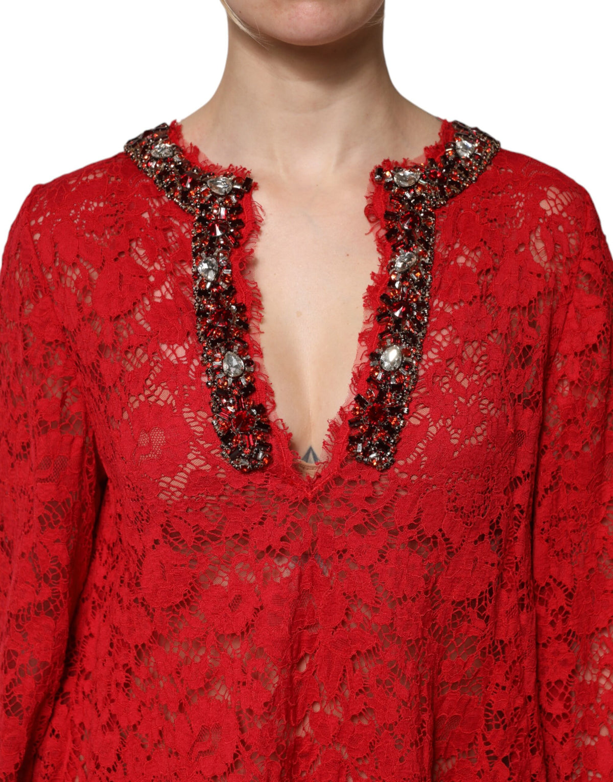 Dolce & Gabbana Rode Jurk van Bloemenkant met Strasssteentjes