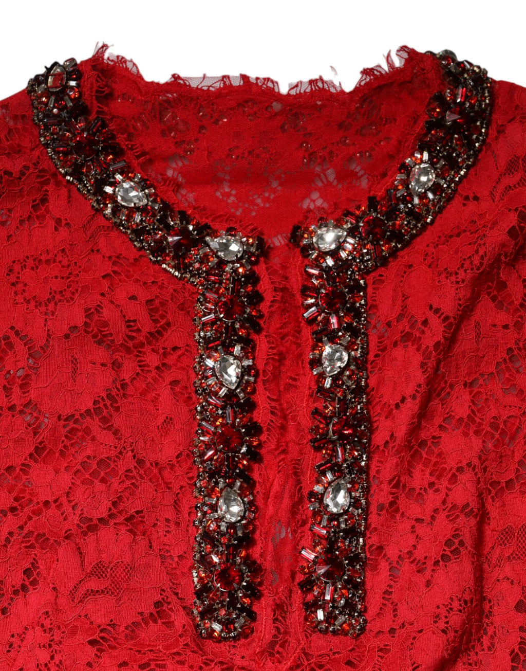 Dolce & Gabbana Rotes Kleid mit floraler Spitze und Strassverzierung