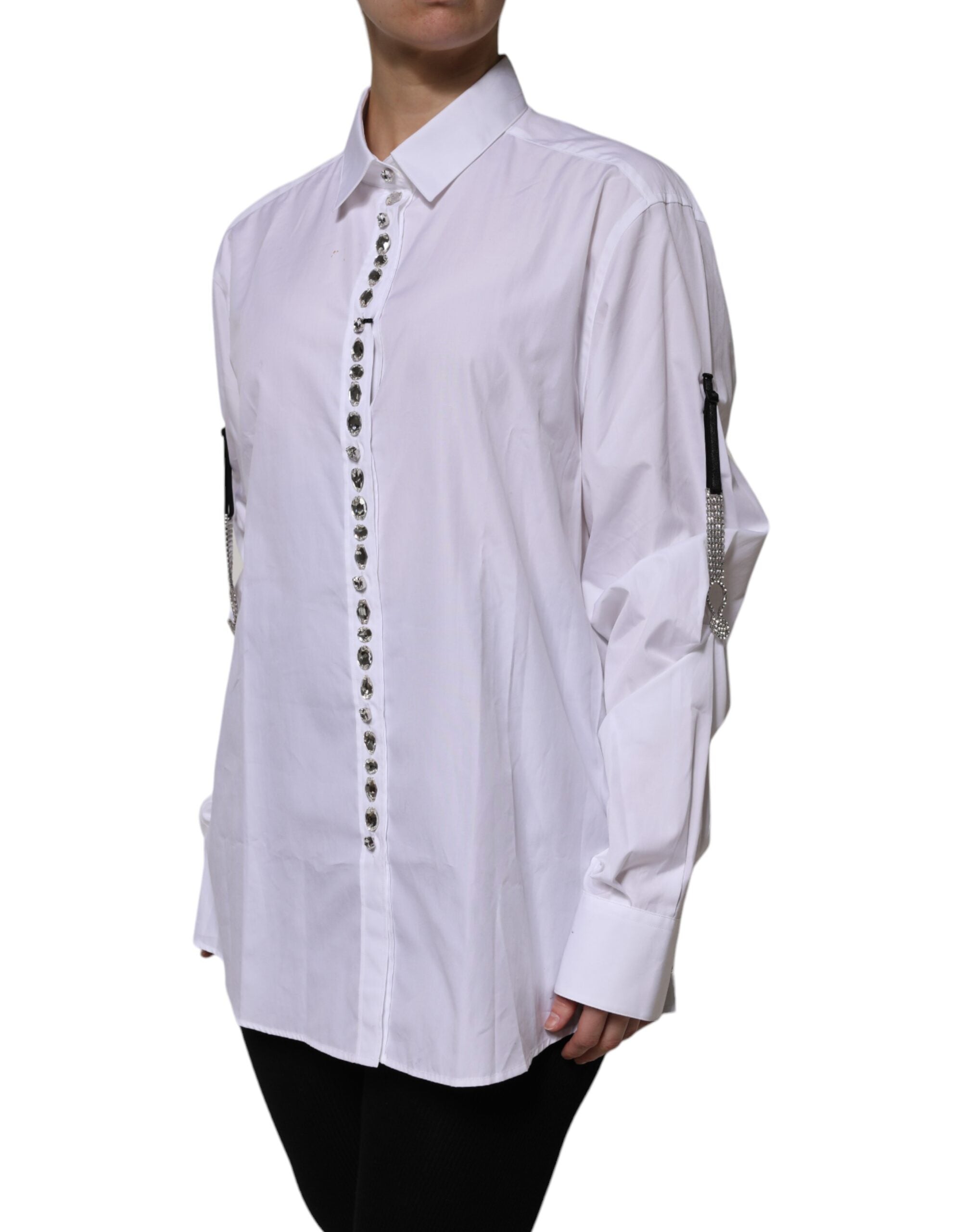 Dolce & Gabbana Weißes strassbesetztes langärmeliges Top