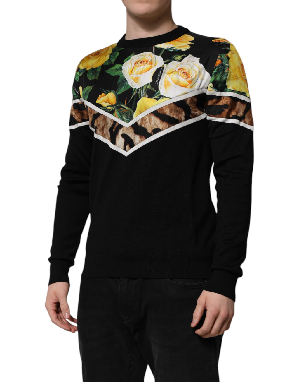Dolce & Gabbana Schwarzer Seidenpullover mit geblümtem Rundhalsausschnitt