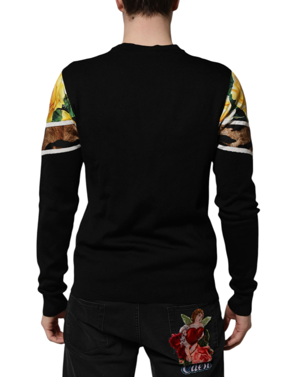 Dolce & Gabbana Schwarzer Seidenpullover mit geblümtem Rundhalsausschnitt