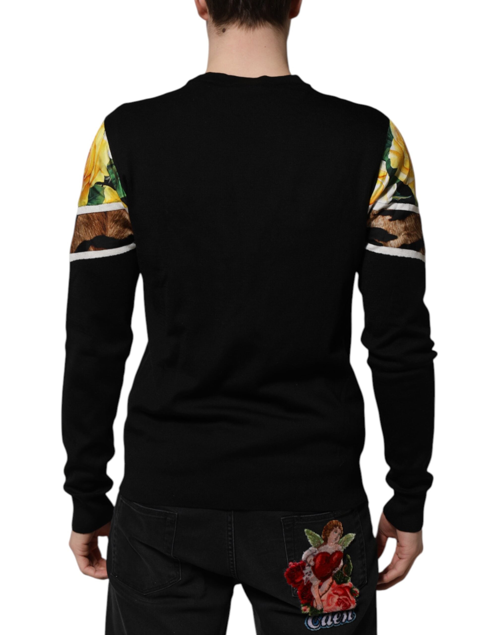 Dolce & Gabbana Schwarzer Seidenpullover mit geblümtem Rundhalsausschnitt