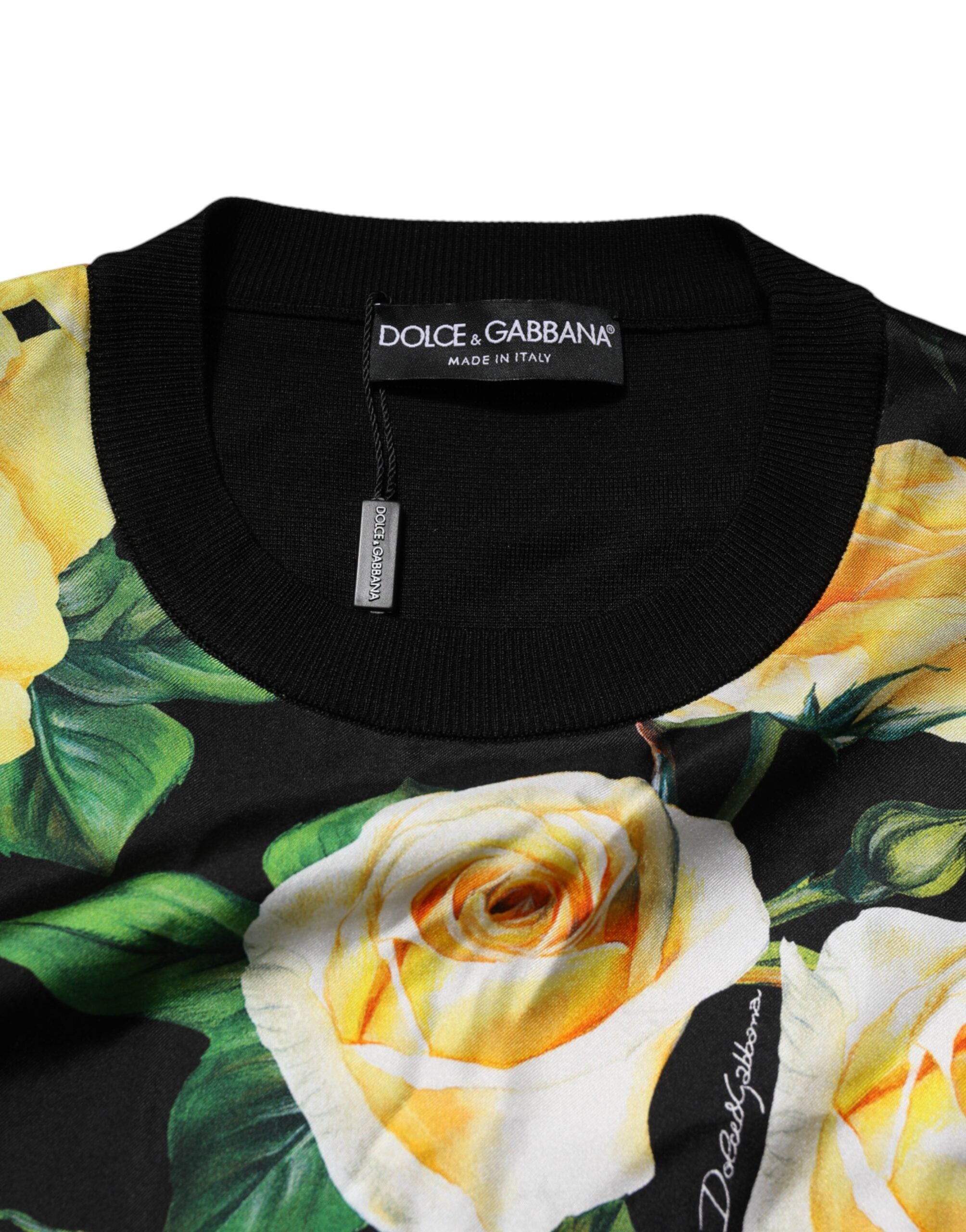 Dolce & Gabbana Schwarzer Seidenpullover mit geblümtem Rundhalsausschnitt