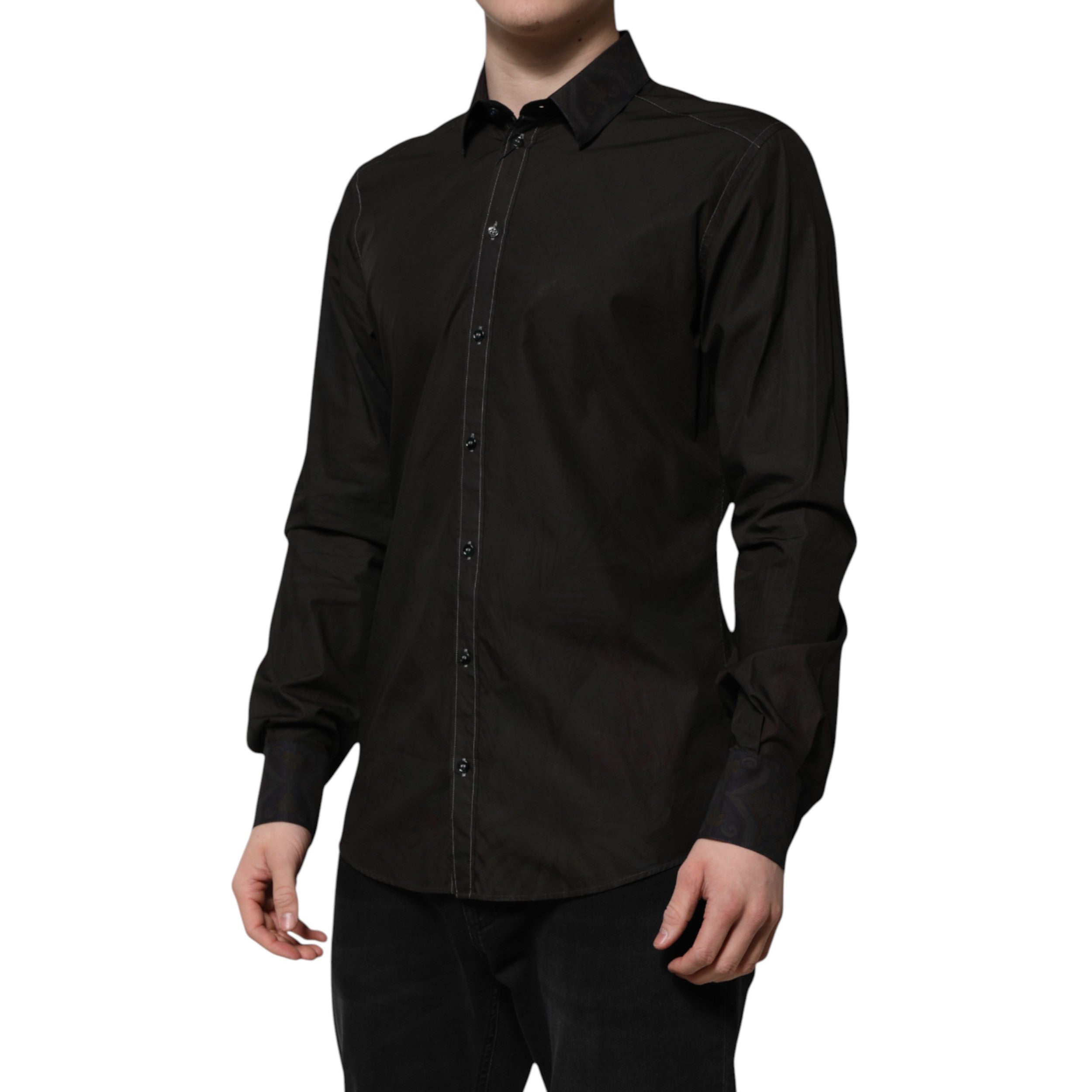 Dolce & Gabbana Schwarzes Baumwoll-Jacquard-Hemd mit GOLD-Kragen