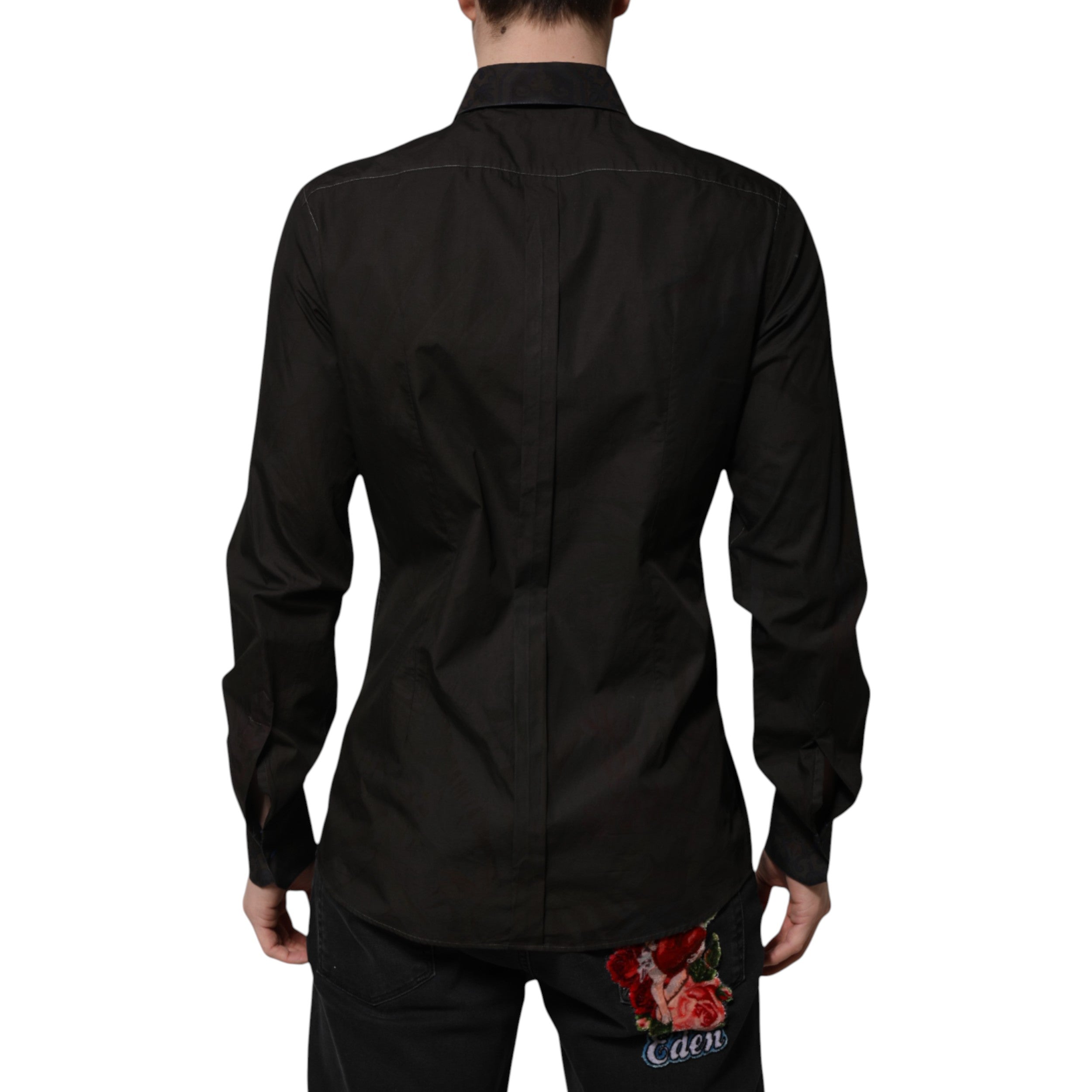 Dolce & Gabbana Schwarzes Baumwoll-Jacquard-Hemd mit GOLD-Kragen