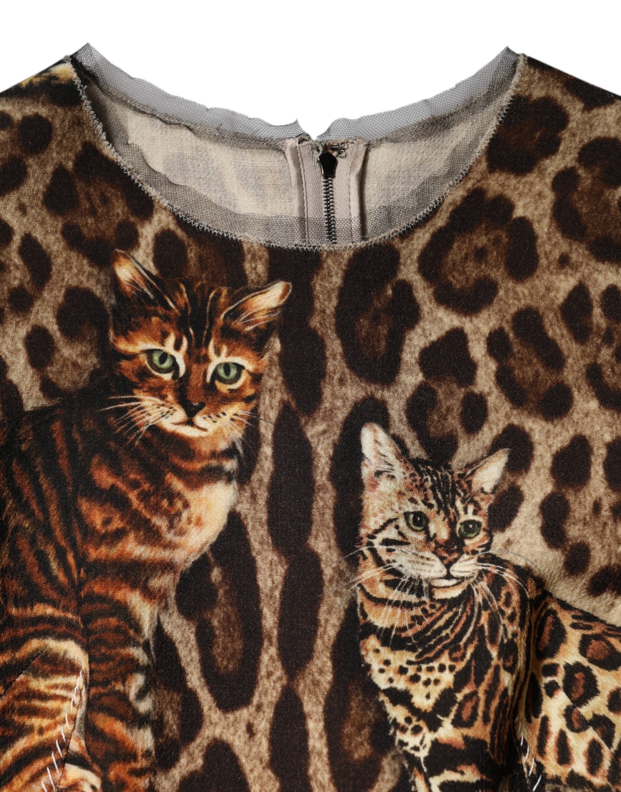 Dolce & Gabbana Braunes Midikleid mit Leopardenmuster und Gürtel in A-Linie