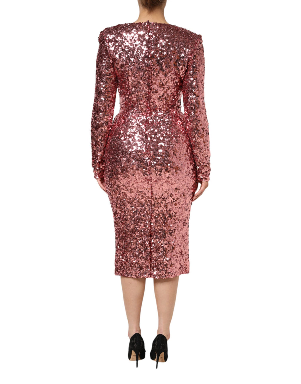 Dolce & Gabbana Rosa Pailletten Statement Nylon Midi Kleid mit V-Ausschnitt