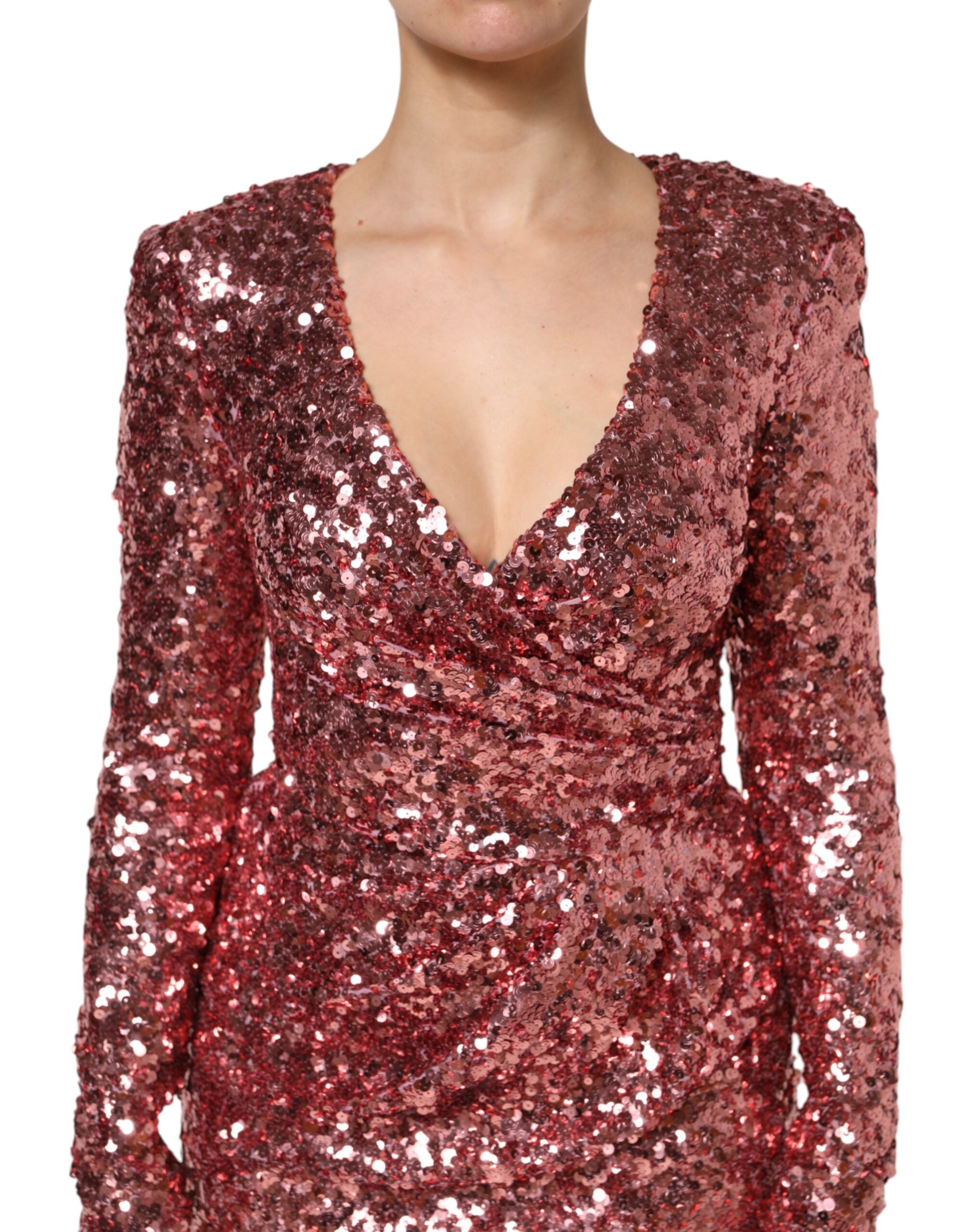 Dolce & Gabbana Rosa Pailletten Statement Nylon Midi Kleid mit V-Ausschnitt