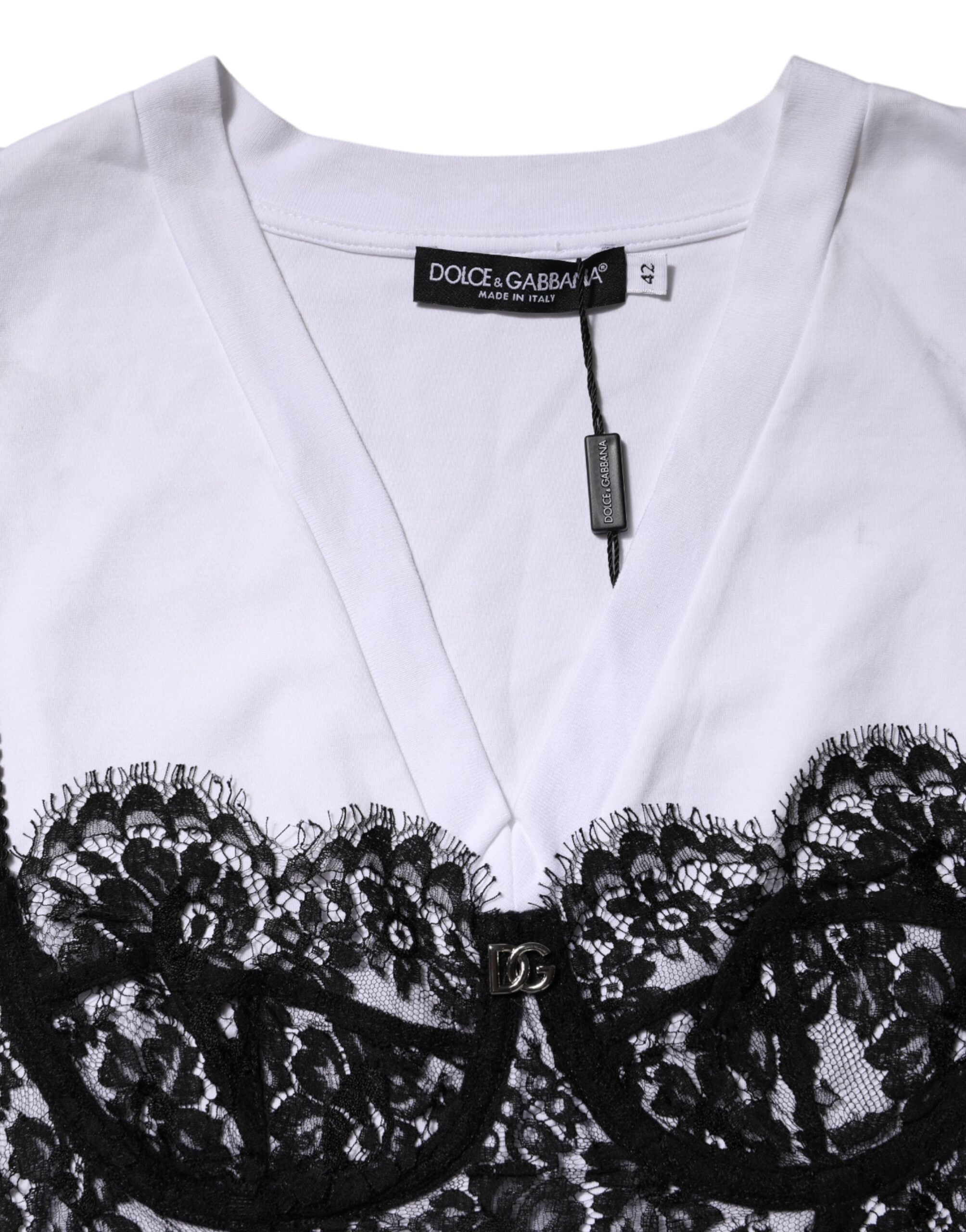 Dolce & Gabbana Weißes Baumwoll-Spitzen-Top mit V-Ausschnitt und kurzen Ärmeln