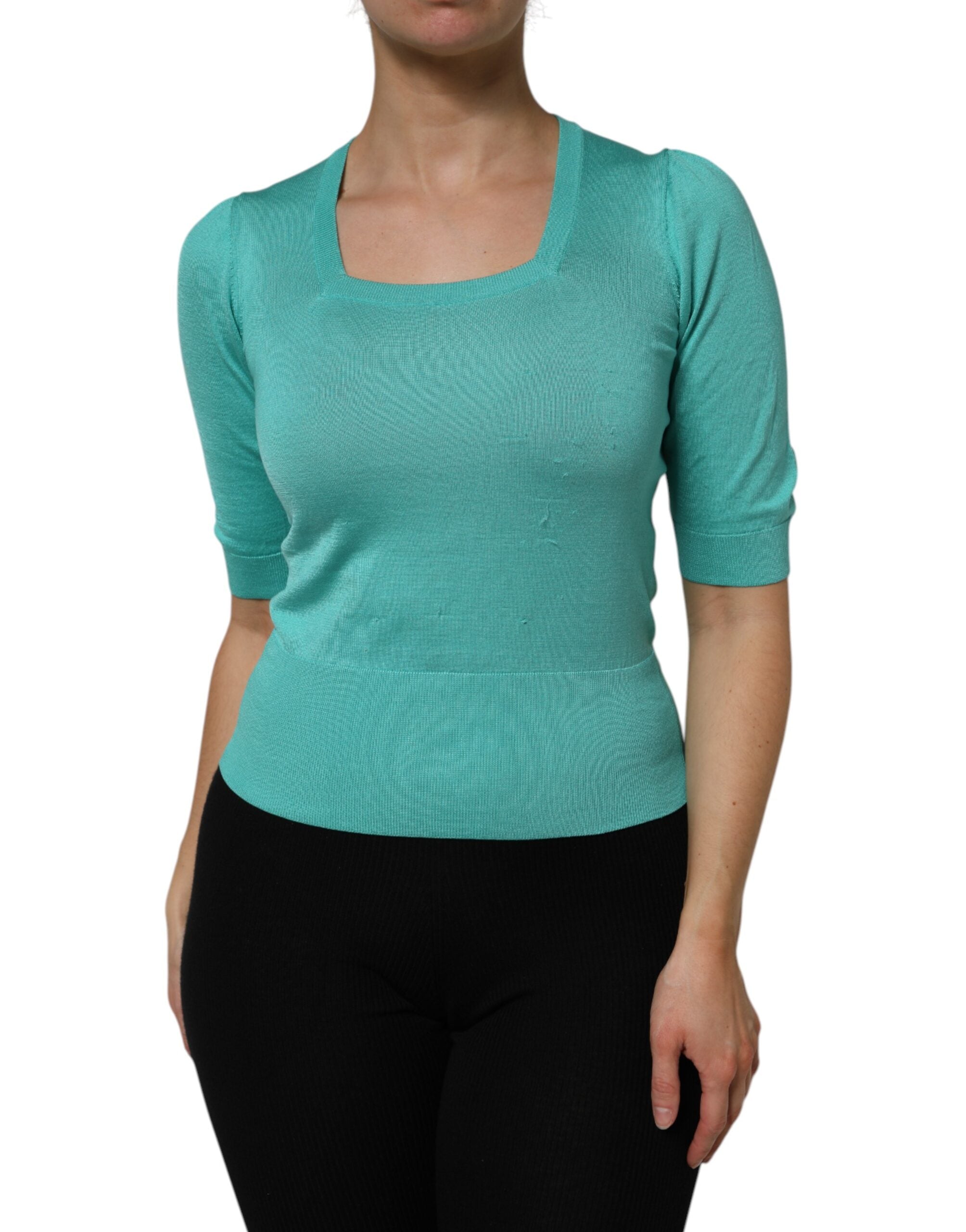 Dolce & Gabbana Aquablaues Seidenoberteil mit kurzen Ärmeln und quadratischem Ausschnitt