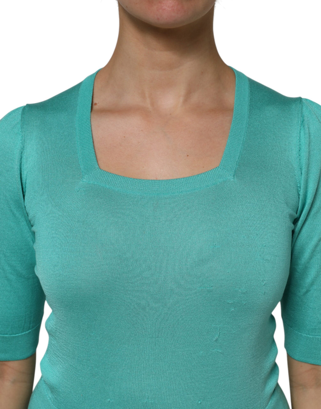 Dolce & Gabbana Aquablaues Seidenoberteil mit kurzen Ärmeln und quadratischem Ausschnitt