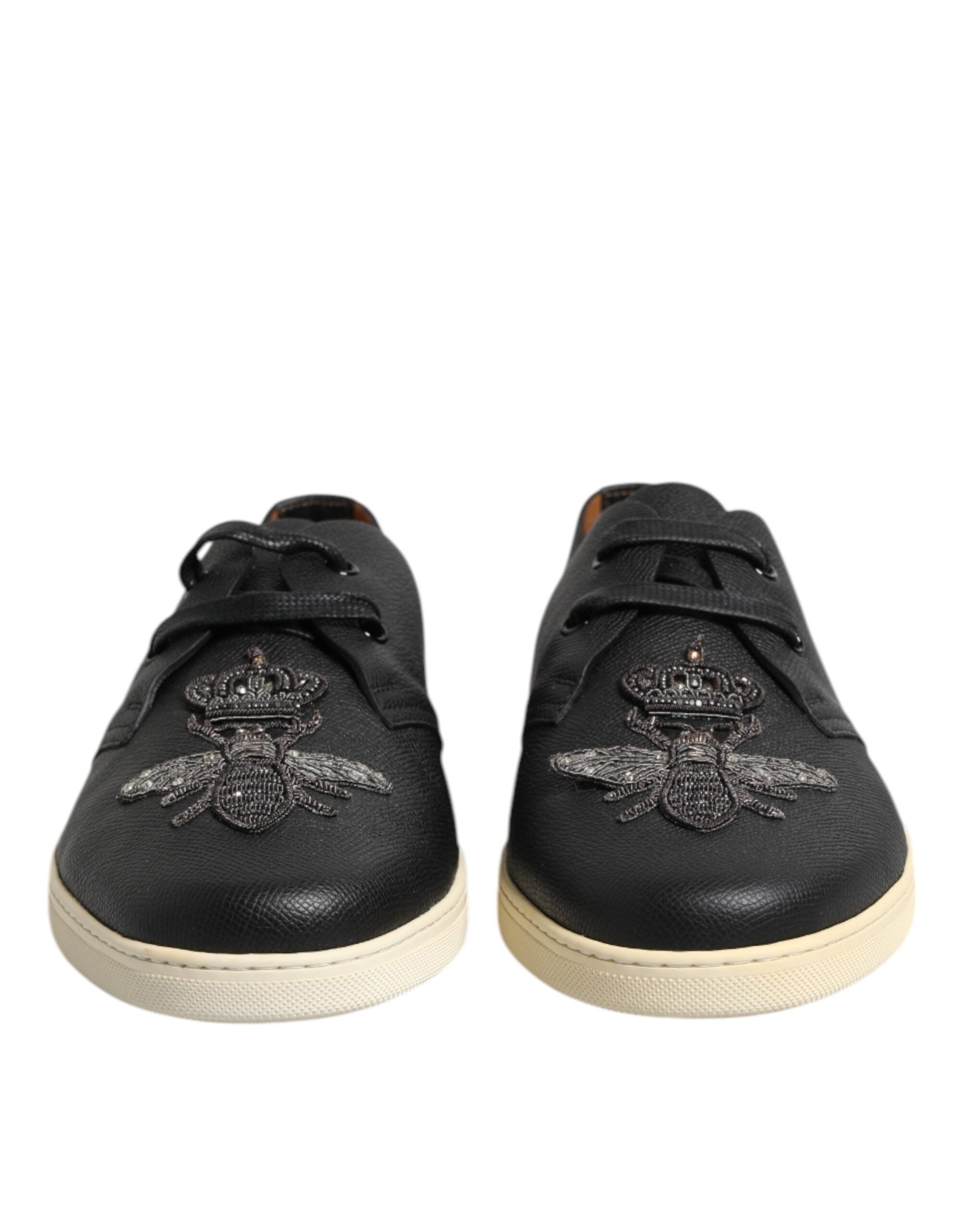 Dolce & Gabbana Schwarz Leder Bee Crown Low Top Sneakers Schuhe