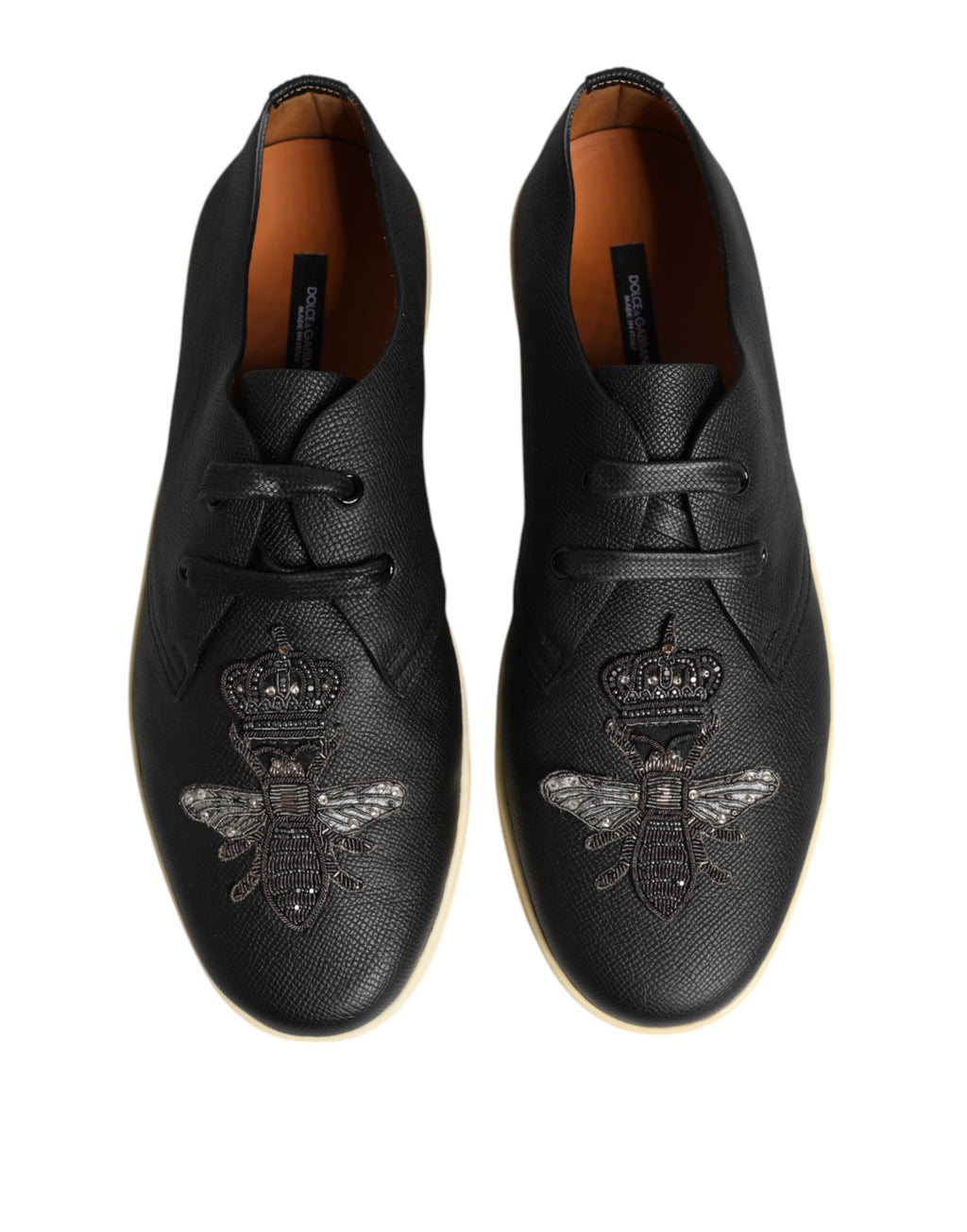 Dolce & Gabbana Schwarz Leder Bee Crown Low Top Sneakers Schuhe