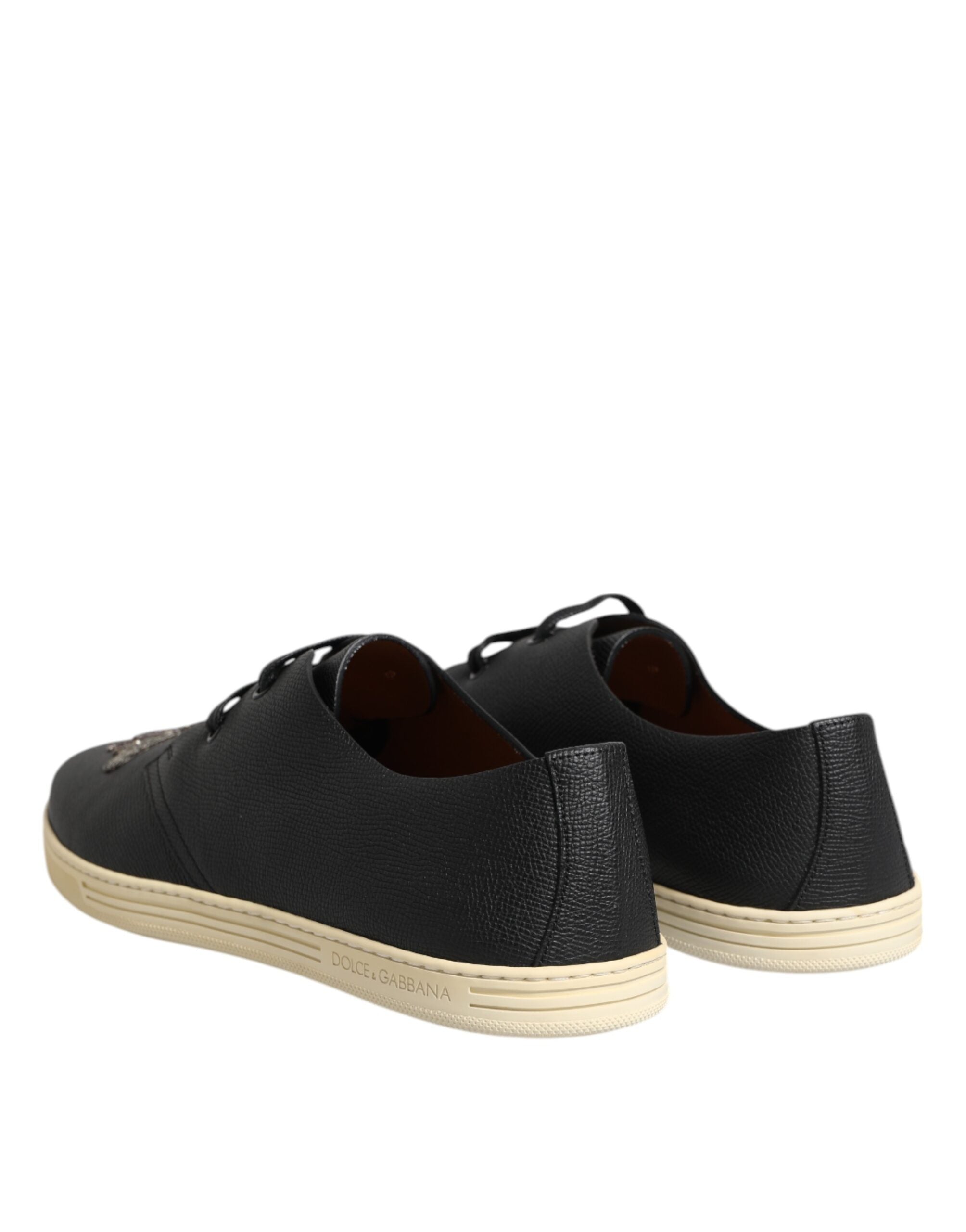 Dolce & Gabbana Schwarz Leder Bee Crown Low Top Sneakers Schuhe