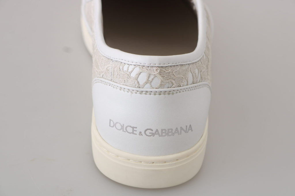 Dolce & Gabbana Weiße Leder Spitze Slip On Loafers Schuhe