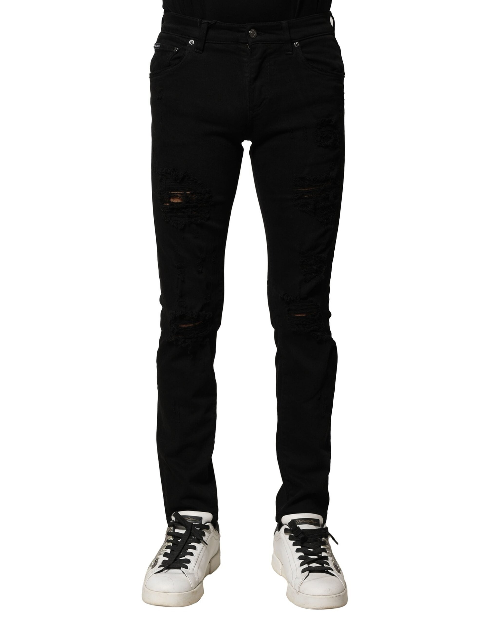 Dolce & Gabbana Schmale Denim-Jeans mit schwarzer Baumwoll-Logo-Plakette