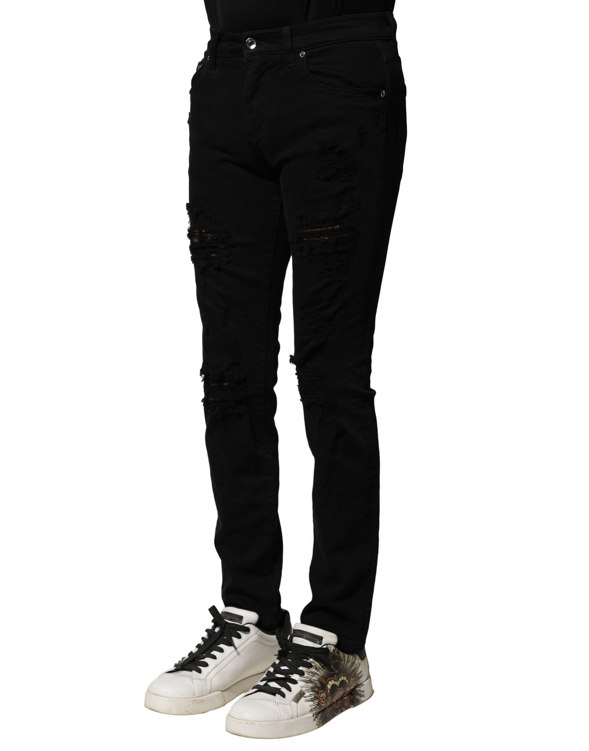 Dolce & Gabbana Schmale Denim-Jeans mit schwarzer Baumwoll-Logo-Plakette