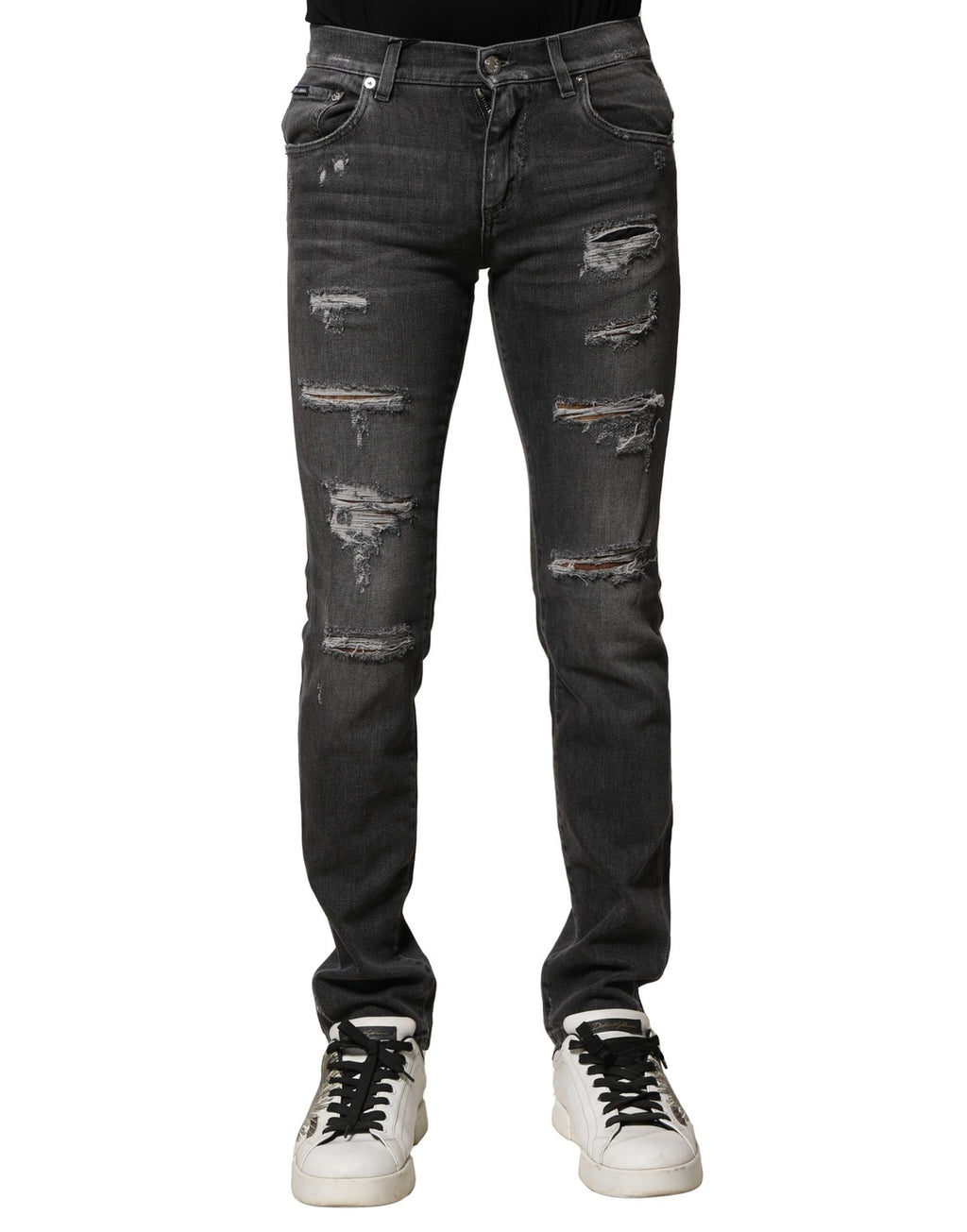 Dolce & Gabbana Schwarze gewaschene zerfledderte Slim Fit Denim Jeans