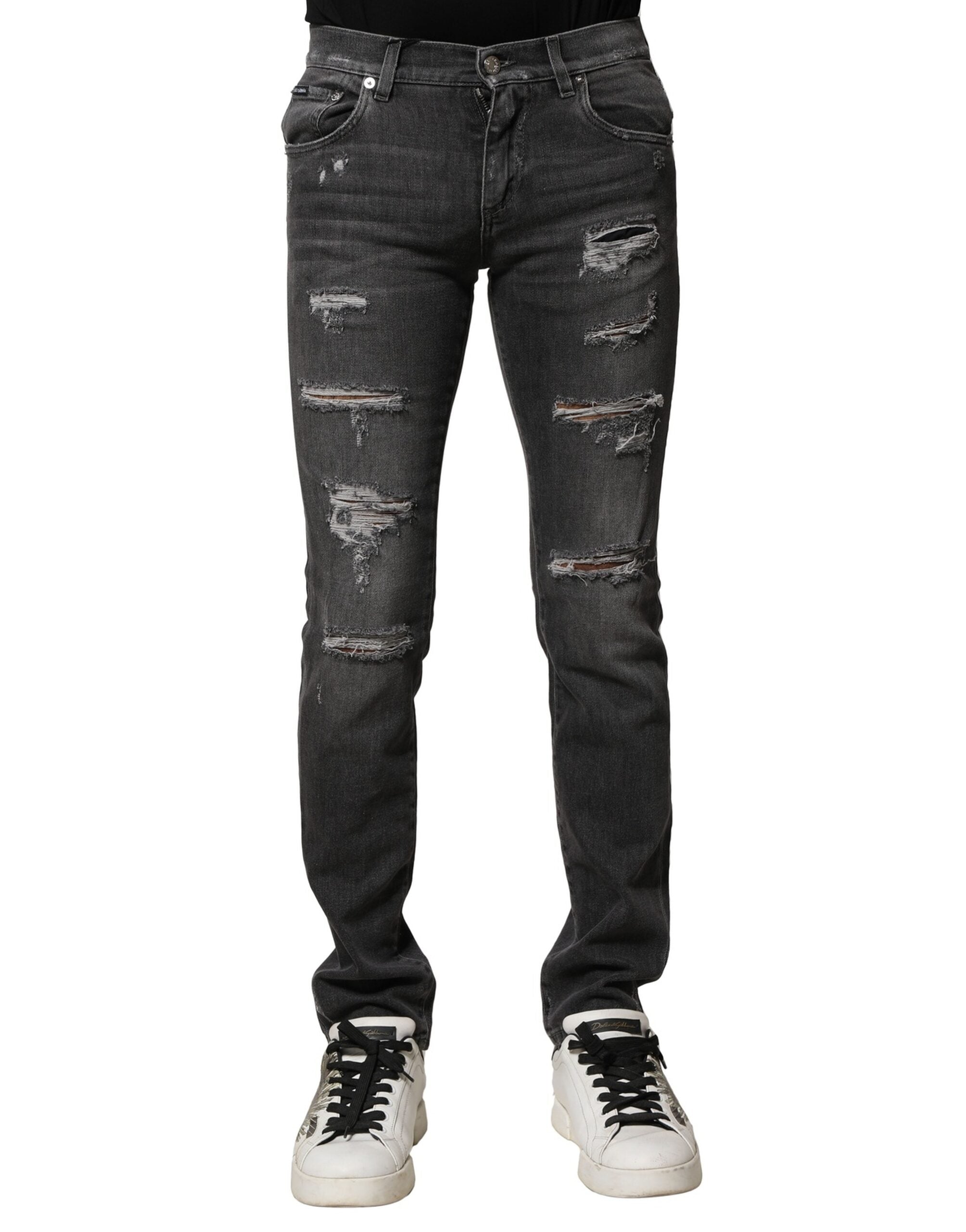 Dolce & Gabbana Schwarze gewaschene zerfledderte Slim Fit Denim Jeans